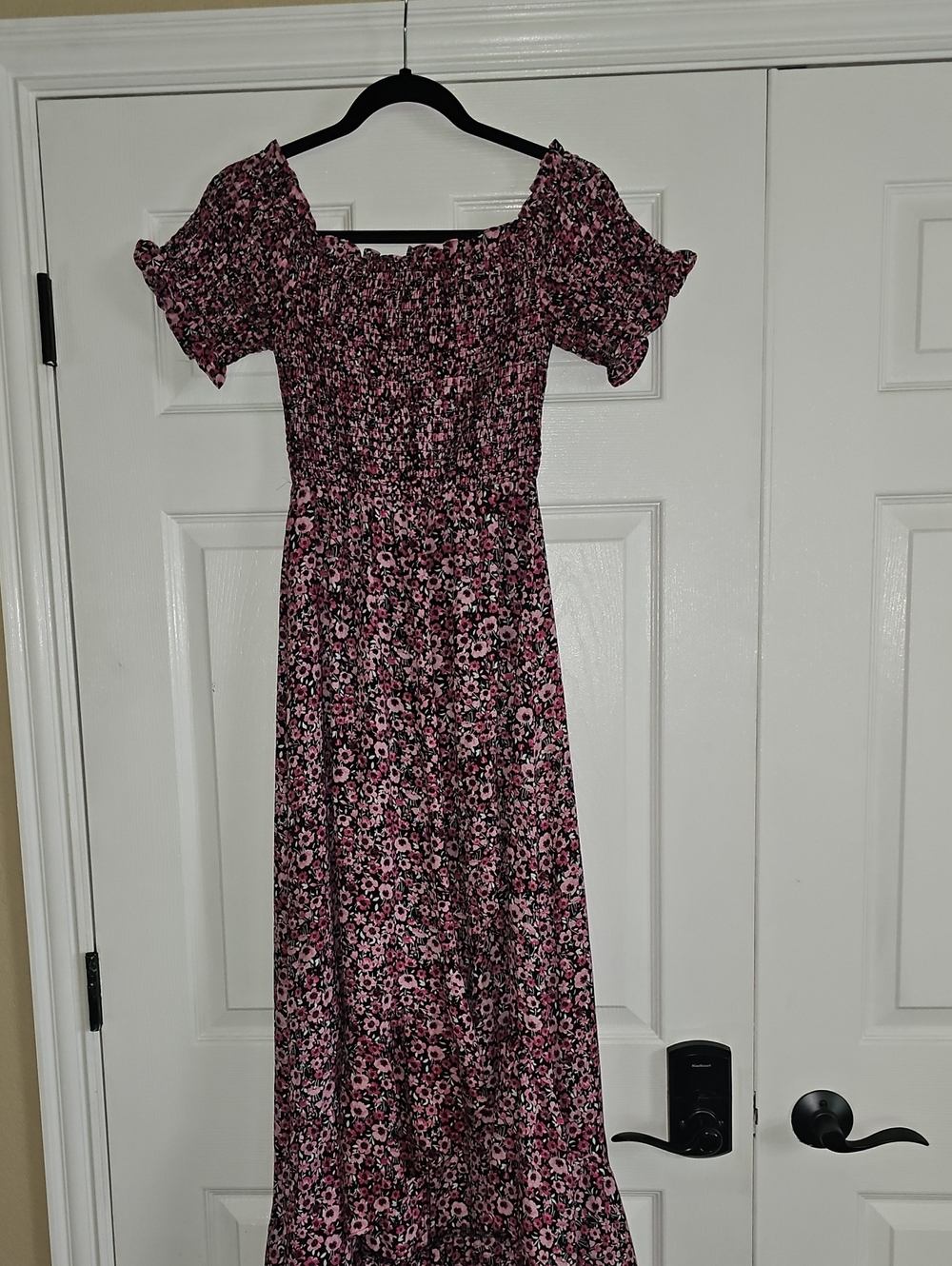 Miami Pink and Black Floral Off-Shoulder High Low Maxi Dress with Smocked Bodice